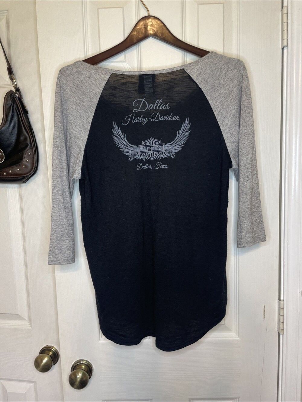Harley-Davidson Dallas Tee Women’s XL Black Gray 3/4 Sleeve Angel Wings Logo - Picture 6 of 9